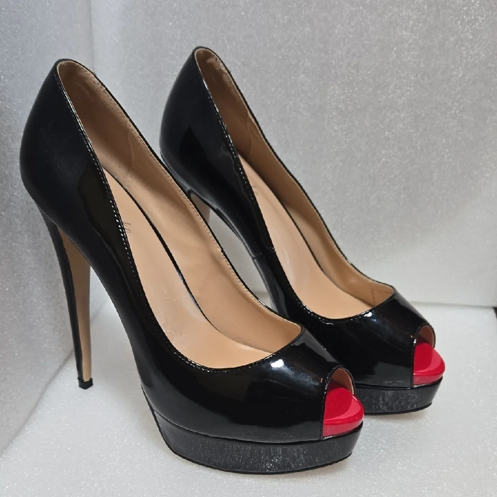 Marumote 6" SHINEY BLACK STILETTOS W/ RED PEEP VALENTINE'S  DIVA 9.5 - Picture 6 of 17